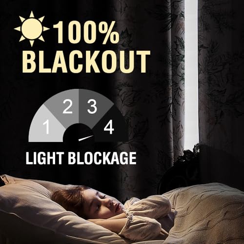 100% Blackout Window Curtain Panels Light Blocking Drapes with Black Liner Thermal Vintage Floral Draperies Back Tab/Rod Pocket Curtains for Bedroom(2 Pieces, 52 x 96 Inches, Moss/Wheat) - view 3