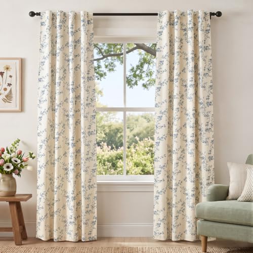 Linen Blackout Curtains Blue Floral 84 Inch Back Tab 2 Panels - view 2