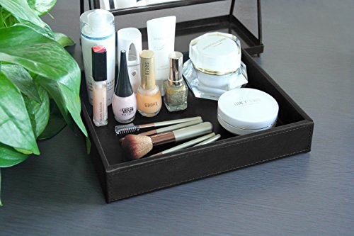 Faux Leather Vanity Tray, Elegant Desktop Storage Organizer, Decorative Catchall for Perfume, Bathroom Valet, Nightstand or Dresser, Black, 10.2 x 8.4 x 1.8 Inches - view 5