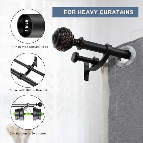 Double Curtain Rod, 1 inch Window Telescoping Drapery Double Rod 144 to 164 Inches (12-13.6 Feet), Classical Ball Finials,Premium Aluminum Brackets,Matte Black - view 3