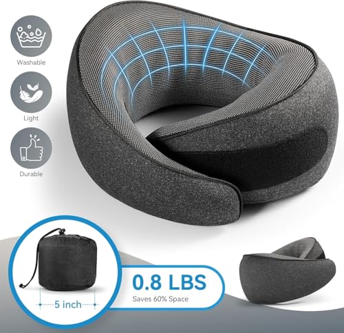 Travel Pillows - 100% Pure Memory Foam Neck Pillow for Airplanes, Comfortable Breathable Cover, 360° Support Stowable Pillows for Sleeping, Car, Airport Travel Essentials, Charcoal Black - view 4