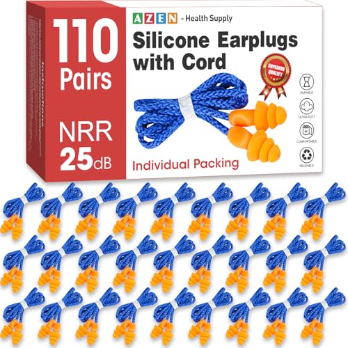 110 Pairs Silicone Ear Plugs, Reusable Earplugs for Noise Reduction, 25dB NRR Corded Ear Plug for Sleeping Noise Cancelling, Ear Plug with String Individual Packing