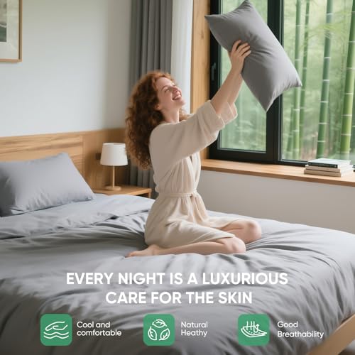 Real 100% Viscose Derived from Bamboo Sheets Set Queen Size, Cooling & Silky Soft for Hot Sleeper, Breathable & Moisture Wicking Fabric, 18" Deep Pocket with Corner Straps (Gray, Queen) - view 4