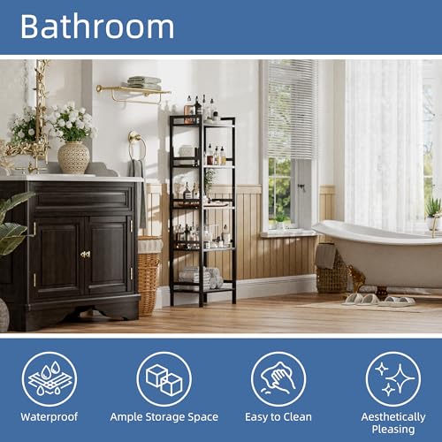 5 Tier Narrow Bookshelf, Bamboo Bookcase, Slim Tall Storage Rack Free Standing Shelving Unit with Adjustable Shelves for Living Room Bedroom Bathroom, Black - view 5
