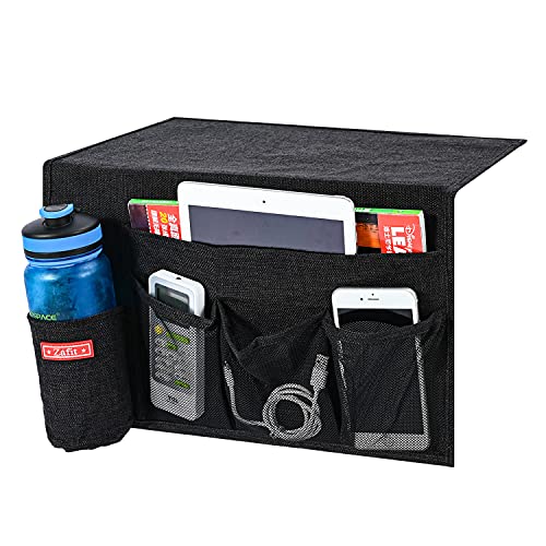 Linen 5 Pockets Bedside Caddy, Bedside Storage Organizer with Water Bottle Holder for Magazine, Remotes, Phone (Black) - view 2