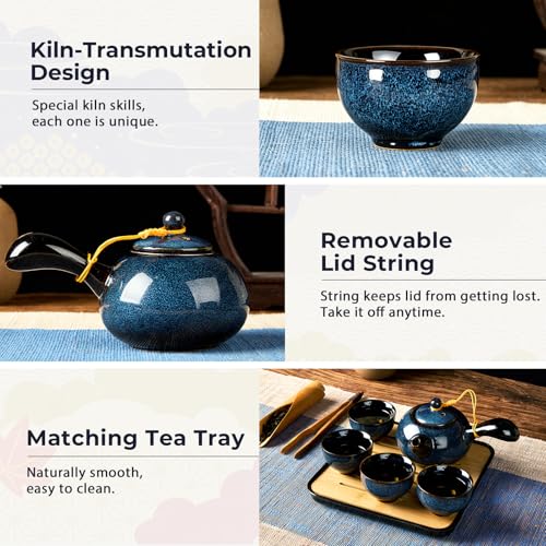 Chinese Gongfu Tea Set, Kiln Altered Glaze Porcelain Tea Set with 1 Teapot, 4 Tea Cups & 1 Tea Tray, Portable Japanese Tea Sets with Storage Bag for Travel, Gifting, Outdoor, Dark Blue - view 3