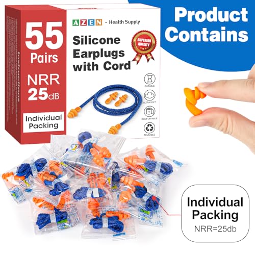 55 Pairs Silicone Ear Plugs, Reusable Earplugs for Noise Reduction, 25dB NRR Corded Ear Plug for Sleeping Noise Cancelling, Ear Plug with String Individual Packing - view 2