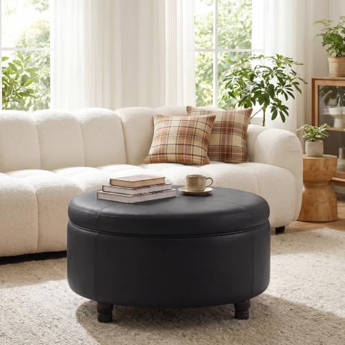 30-Inch Round Ottoman, Leather Ottoman with Storage (Black) - view 5