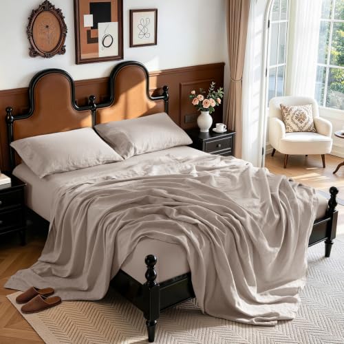 100% French Pure Linen Sheet Set, 19" Deep Pocket King Size 4 Pcs