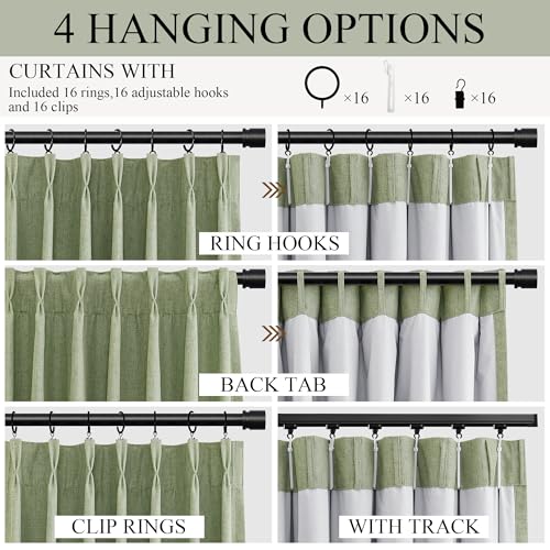 Light Sage Pinch Pleat 100% Blackout Curtains 120 Inch Length 2 Panels Set Flax Linen Room Darkening Soundproof Pinch Pleated Curtains with Hooks Rings for Bedroom Living Room Track System W40 x L120 - view 7