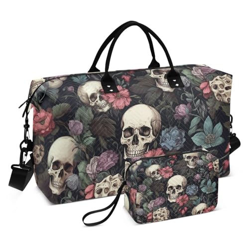 Skull Travel Duffle Gym Bag, Skull Color Flower Weekender for Women with Toiletry Bag Travel Tote