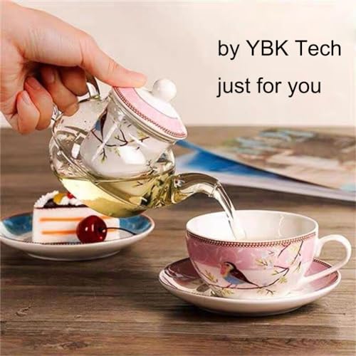 Tea for One Set, Glass Teapot with Porcelain Infuser Strainer and Cup & Saucer- Happy Bird Pattern (Pink) - view 6
