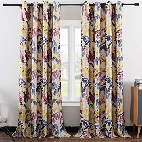 Blackout Curtains for Sliding Door, Abstract Print Plant Pattern Grommet Full Room Darkening Linen Window Drapes for Studio Office, 2 Panels, Purple and Yellow, 52 x 84