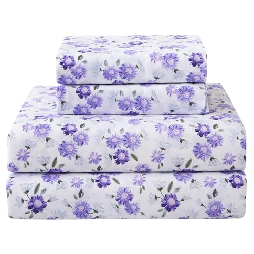 Puple Floral Queen Sheet Set, 4-Piece Microfiber Printed Fitted Sheet with 15" Deep Pockets & Non-Slip Straps, White Flower Patterned Bedding Sheets & Pillowcase Set