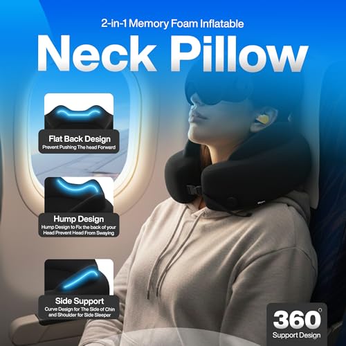4-in-1 Travel Comfort Set with Self-Inflating Neck Pillow, Convertible Foot Hammock and Lumbar Cushion, 3D Sleep Mask and Earplugs for Airplane, Car and Office, Black - view 3