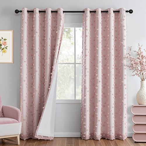 100% Blackout Curtains for Nursery Thermal Insulated Blush Pink Pom Pom Curtain 72 Inch Length for Girls Bedroom 2 Panels Grommet White Sheer Drapes for Kitchen Dining Room Door, 50W x 72L