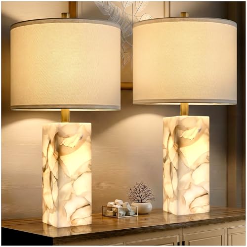23" Alabaster Table Lamp Set of 2 with Night Light for Living Room