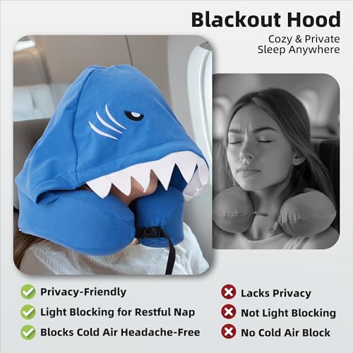 Privacy-Friendly Hooded Travel Pillow for Kids & Adults, Sensory-Friendly, Memory Foam Neck Support for Airplane, Car & Train, Breathable Fabric, Portable, Ultimate Comfort Shark - view 2
