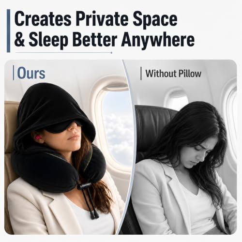 Travel Neck pillow for Airplane, with Large Hood Eye Mask Earplug and Bag - view 3