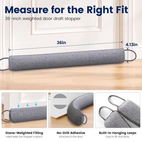 Weighted Under Door Draft Stopper 36 Inch, Door Draft Blocker with Adhesive Hook & Loop, Door Sweep Bottom Seal for Blocking Cold Air, Noise, Dust, Wind and Light, Dark Grey - view 3