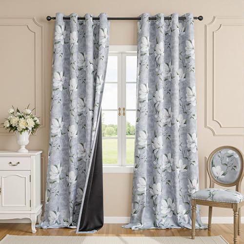 Floral 95% Blackout Curtains 102 Inch Length 2 Panels Light Grey