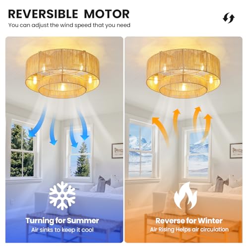 Boho Ceiling Fans with Lights: 20 inch Fandelier Low Profile Ceiling Fans with Remote Control, 5 Blades 6 Speeds DC Reversible E12 5 Light Flush Mount Rattan Ceiling Light Fixtures for Bedroom - view 6
