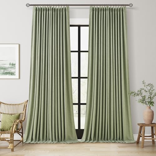 Light Sage Pinch Pleat 100% Blackout Curtains 120 Inch Length 2 Panels Set Flax Linen Room Darkening Soundproof Pinch Pleated Curtains with Hooks Rings for Bedroom Living Room Track System W40 x L120