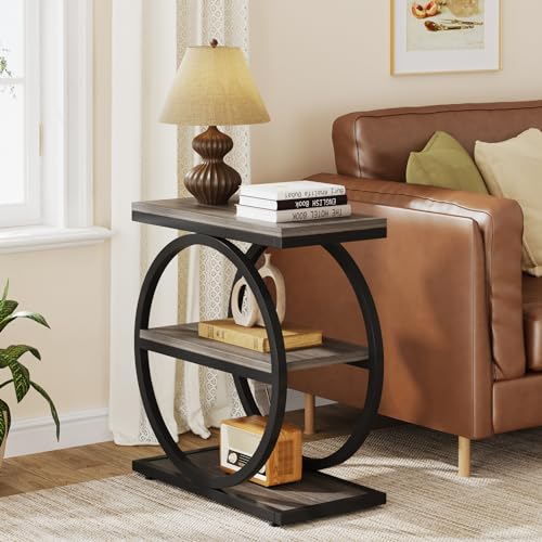 3-Tier End Table, Grey Side End Table with Storage Shelves, Small Sofa Side Table for Living Room, Slim Nightstand and Bedside Table with Black Double Round Metal Legs - view 6