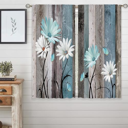 Teal Farmhouse Daisy Curtains, Wooden Flower Window Curtains 42x45 Inch for Bedroom Living Room Decor, Rustic Floral Butterfly Country Drapes Treatment Draperies Fabric Rod Pocket (2 Panels - view 4