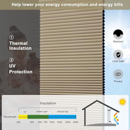 Cellular Shades Door Window Blinds Cordless Blackout, Honeycomb Blind Accordion Shade Room Darkening Indoor Pleated 1.5" Cell Easy to Install, Shade Size 31.5" Width×64" Height, Brown - view 4