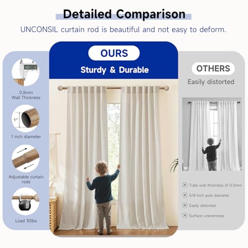 Wood Curtain Rods for Windows: 1 Inch Diameter Adjustable Heavy Duty Curtain Rod 48" to 86" with Imitation Wood Grain Leaf Pattern Finials - view 3