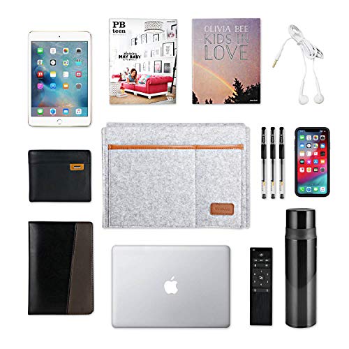 Bedside Caddy, Felt Bed Storage Organizer Hanging Bag Holder with 5 Pockets, Magazine Book Phone Tablet iPad Cables Remote and Water Bottle Holder for Home Dorm Bed Sofa, Light Gray - view 5