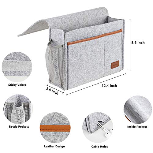 Bedside Caddy, Felt Bed Storage Organizer Hanging Bag Holder with 5 Pockets, Magazine Book Phone Tablet iPad Cables Remote and Water Bottle Holder for Home Dorm Bed Sofa, Light Gray - view 4