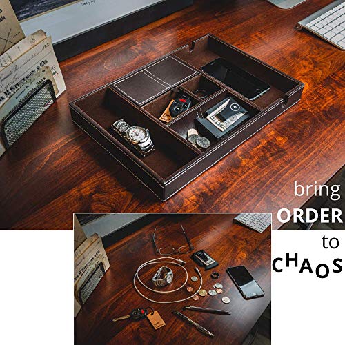 Nightstand Organizer, Valet Tray for Men and Women, EDC Tray, Dresser Top Catchall, Dark Brown Faux Leather, 6 Compartments - view 5