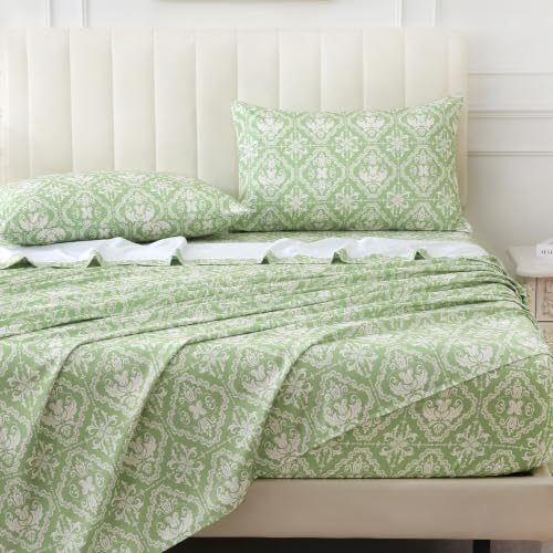 Queen Size Printed Sheet Set, 4 Pieces Bed Bedsheets, Sage Green
