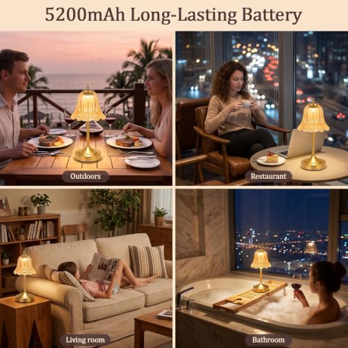Cordless Table Lamp, Rechargeable Amber Glass Tulip Flower Touch Lamp - view 7