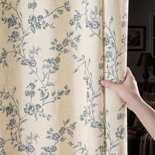 Linen Blackout Curtains Blue Floral 84 Inch Back Tab 2 Panels