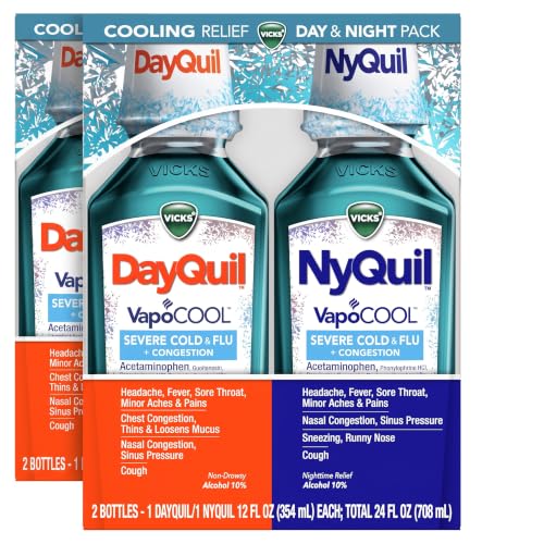 DayQuil and NyQuil VapoCOOL Severe Combo Cold & Flu + Congestion Medicine, Max Strength Relief for Fever, Sore Throat, Nasal Congestion, Sneezing, Cough, 2 x 12 oz Bottles, 1 NyQuil, 1 DayQuil