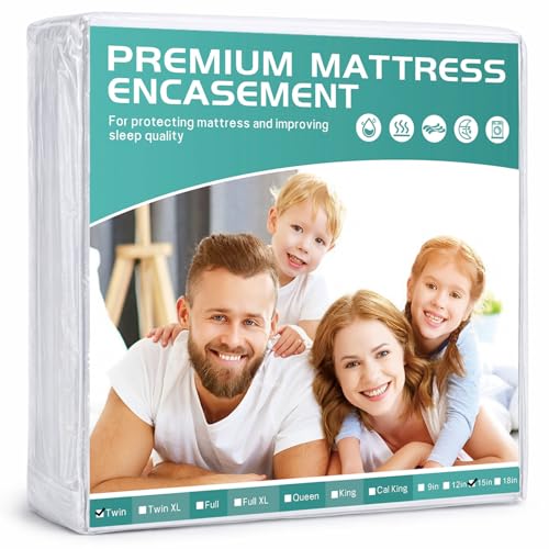 Twin Waterproof Mattress Protector with Soft Terry Top Fabric, Fits 12-15" Deep Pockets, Zippered Six-Sided Breathable Mattress Encasement Cover