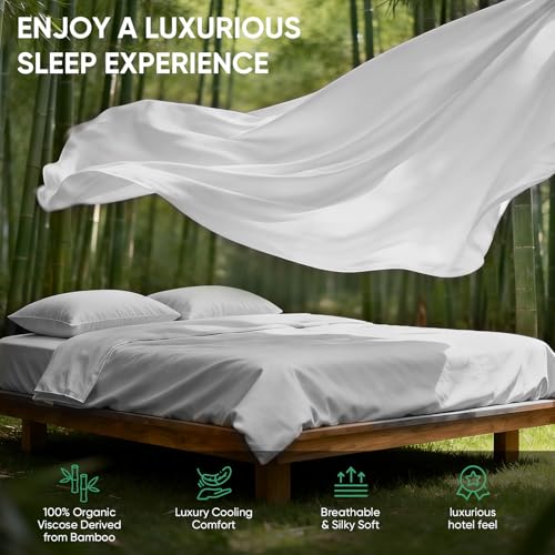 Real 100% Viscose Derived from Bamboo Sheets Set Queen Size, Cooling & Silky Soft for Hot Sleeper, Breathable & Moisture Wicking Fabric, 18" Deep Pocket with Corner Straps (Gray, Queen) - view 3