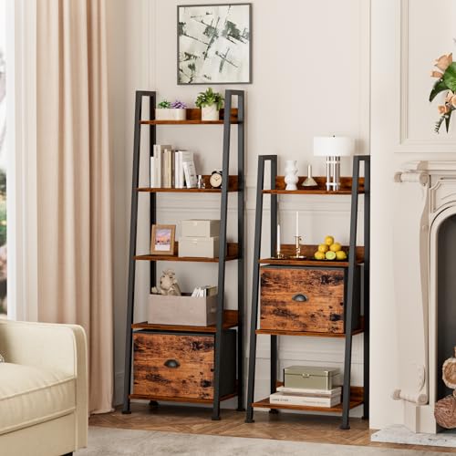 Ladder Shelf, 5 Tier Bookshelf with Fabric Drawer, Rustic Brown - view 6