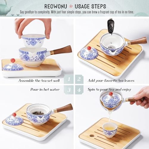 Chinese Tea Set Gongfu Tea set, Portable Teapot Set with 360 Rotation Tea maker and Infuser,Kung Fu Tea Set Portable All in One Leather Bag for Travel,Outdoor, Office,Home,Gifting (4cups-cat) - view 5