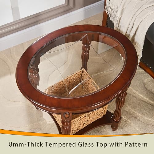 Oval Round Glass End Table, 2-Tier Solid Wood Glass Top End Side Tables, Traditional Victorian Nightstand for Bedroom Living Room Office, 28" W x 22" D x 24.2" H, Cherry Walnut CJZ-1533-GT - view 5