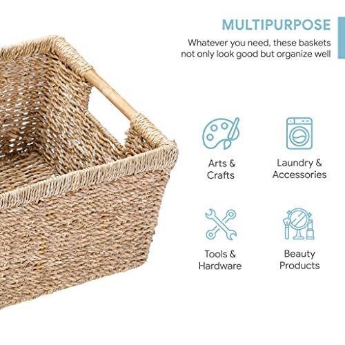 Large Wicker Basket Rectangular with Wooden Handles for Shelves, Seagrass Basket Storage, Natural Baskets for Organizing, Wicker Baskets for Storage - 3 Pack Large - view 2