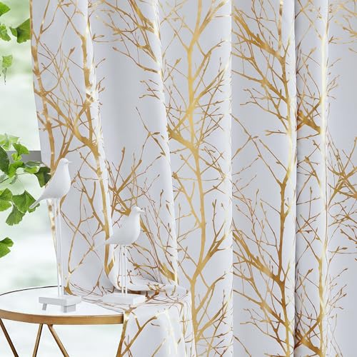 100% Blackout Ivory Gold Foil Tree Curtains 45 Inch Long 2 Panels