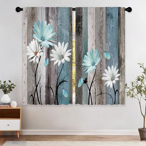 Teal Farmhouse Daisy Curtains, Wooden Flower Window Curtains 42x45 Inch for Bedroom Living Room Decor, Rustic Floral Butterfly Country Drapes Treatment Draperies Fabric Rod Pocket (2 Panels