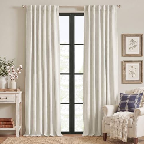 100% Blackout Linen Curtains 108 inches, Ivory White, 2 Panels