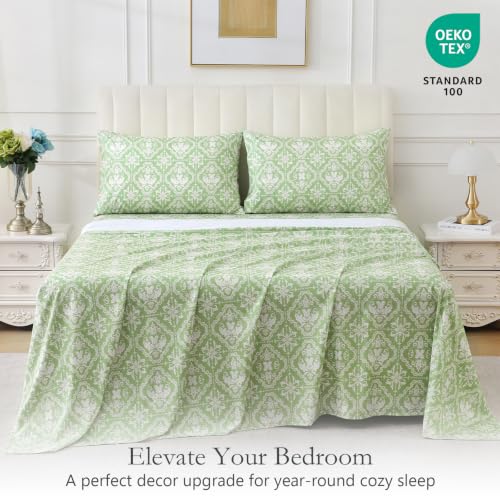 Queen Size Printed Sheet Set, 4 Pieces Bed Bedsheets, Sage Green - view 2