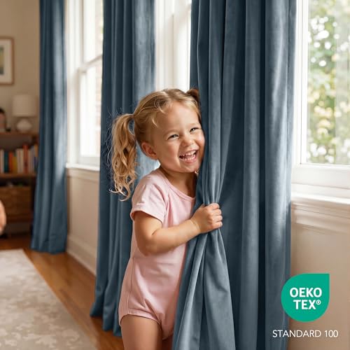 Dusty Blue Velvet Blackout Curtains 84 inches Long for Bedroom - view 4
