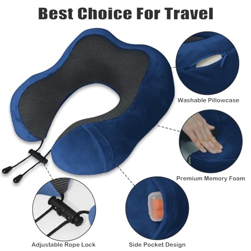 Travel Pillow, Memory Foam Neck Pillow for Traveling, U Shape Neck Pillow Airplane Portable Flight Pillow Travel Kit with 5D Contoured Eye Masks and Earplug for Plane Train Car Home Office - Blue - view 3